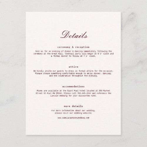 Ivory and Burgundy Wedding Details  Enclosure Card
