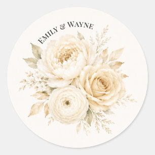 Ivory and Champagne Pearl White Floral Wedding Classic Round Sticker