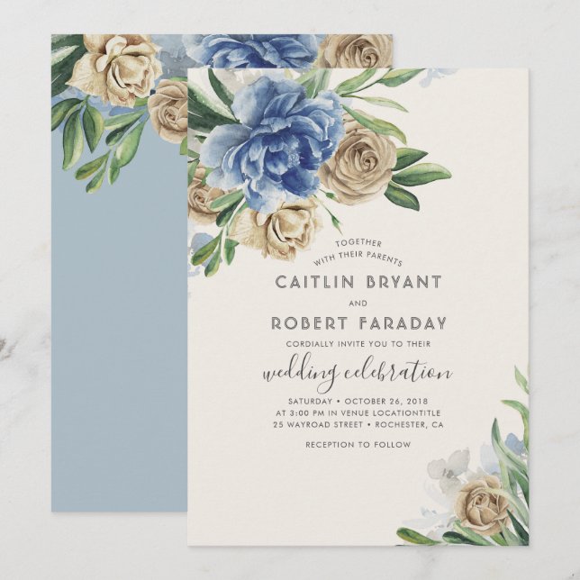 Ivory and Dusty Blue Floral Rustic Country Wedding Invitation (Front/Back)