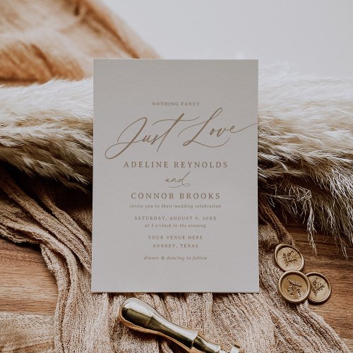 Ivory and Gold Calligraphy Just Love Wedding Invitation