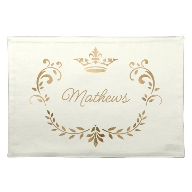 Ivory and Gold Crown Crest Personalized Cloth Placemat (Front)