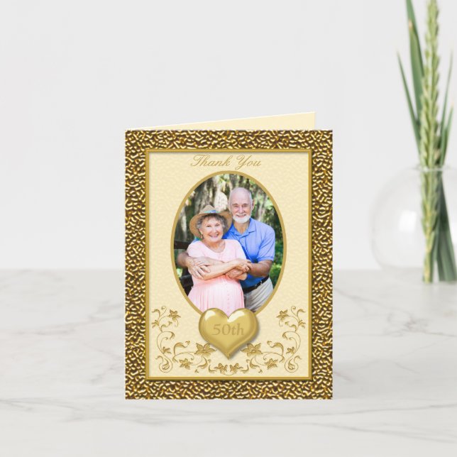 Ivory and Gold Floral 50th Thank You Card (Front)