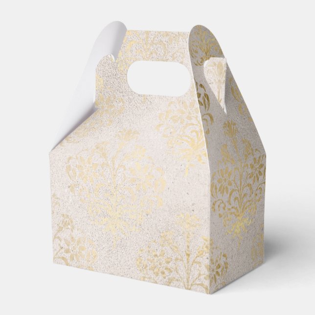 Ivory and Gold Grunge Distressed Damask Favor Boxes (Front Side)