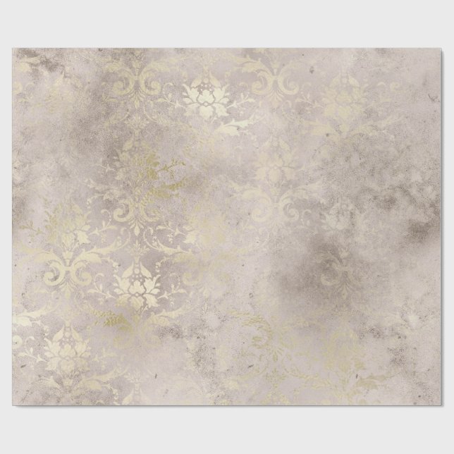 Ivory and Gold Grunge Distressed Damask Wrapping Paper (Flat)