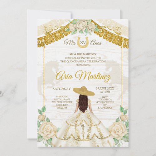 Ivory and gold Roses Mis Quince Invite