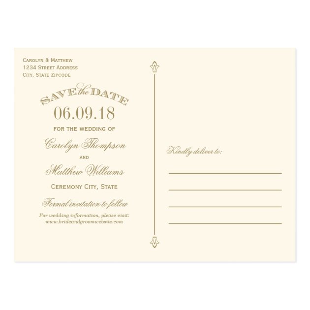 Ivory And Gold Save The Date | Swirl And Flourish Postcard