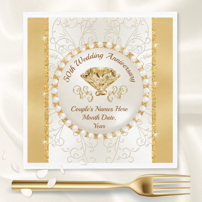 Ivory and Golden Wedding Anniversary Napkins, 50th Napkins (Stunning Personalized, 50th wedding anniversary napkins. Cocktail, Dinner or Luncheon Paper Napkins.)