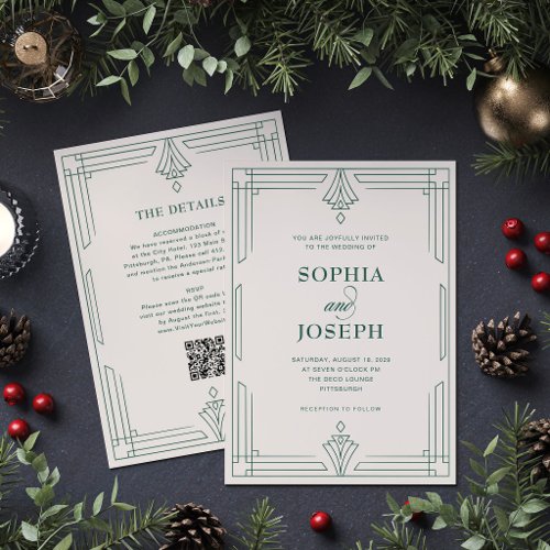 Ivory and Green QR Code All in One Holiday Wedding Invitation