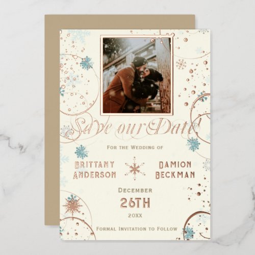 Ivory and Khaki Winter Snowflake Save the Date Foil Invitation