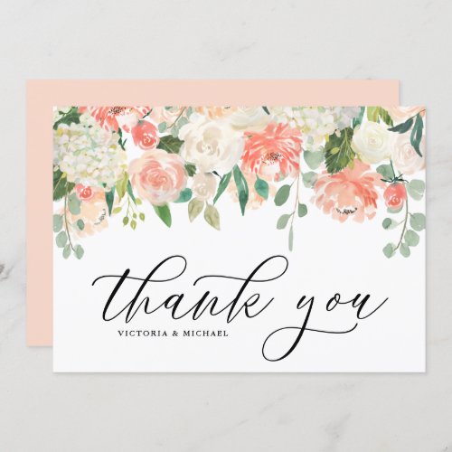 Ivory and Peach Watercolor Peony and Hydrangea Thank You Card