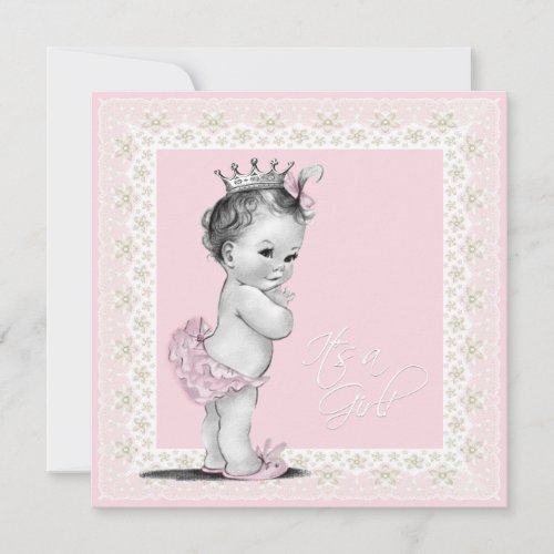 Ivory and Pink Vintage Baby Girl Shower Personalized Announcement