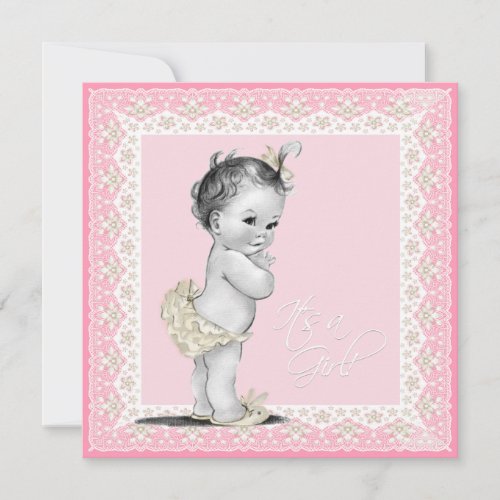 Ivory and Pink Vintage Baby Girl Shower Personalized Announcement