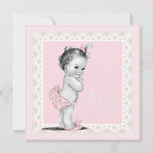Ivory and Pink Vintage Baby Girl Shower Personalized Invites