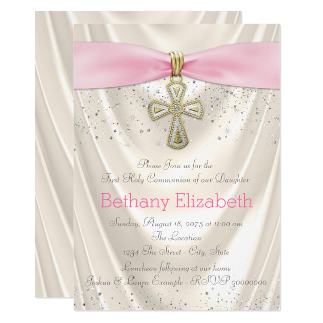 Ivory And Pink Cross First Communion Satin Invitation