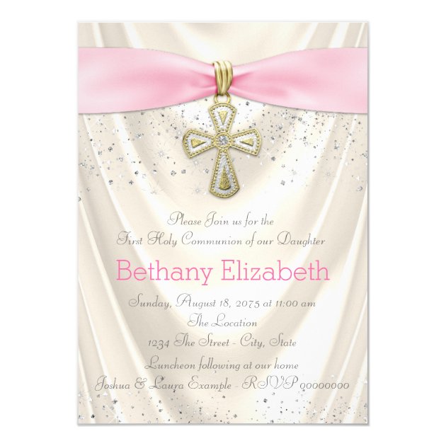 Ivory And Pink Cross First Communion Satin Invitation