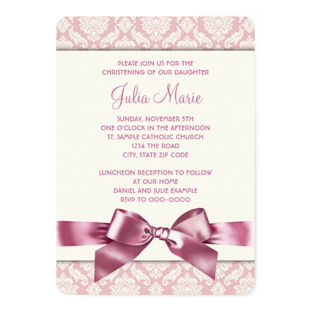 Ivory And Pink Damask Baby Girl Photo Christening Card