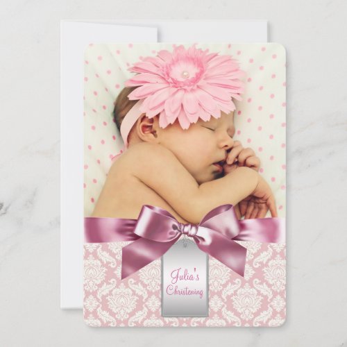 Ivory and Pink Damask Baby Girl Photo Christening Personalized Announcement