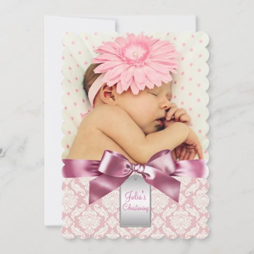 Ivory and Pink Damask Baby Girl Photo Christening Invitation