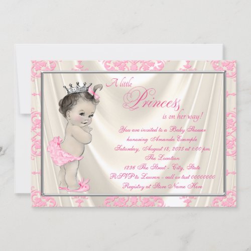 Ivory and Pink Damask Baby Shower Satin Invitation