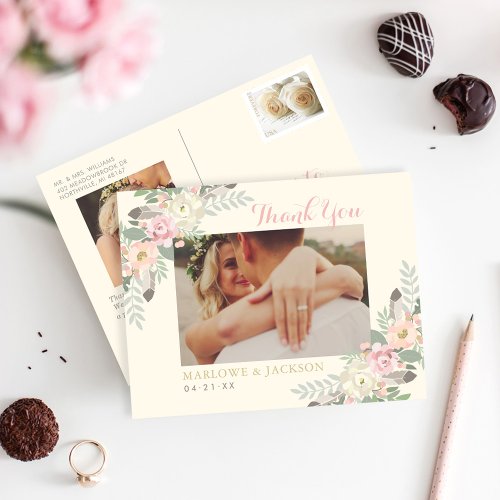 Ivory and Pink Floral Boho Wedding Photo Thank You Postcard