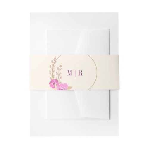 Ivory and Pink Orchid Floral Monogram Wedding Invitation Belly Band