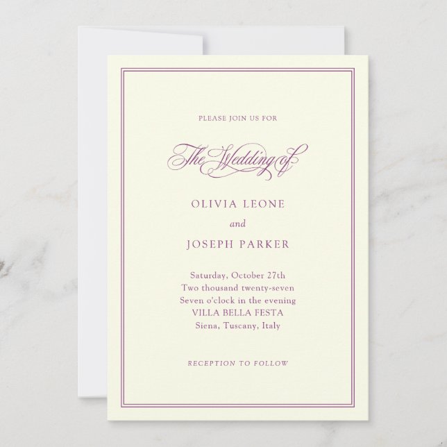 Ivory and Plum | Classic Italian Elegance Wedding Invitation (Front)