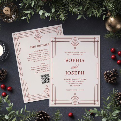 Ivory and Red QR Code All in One Holiday Wedding Invitation