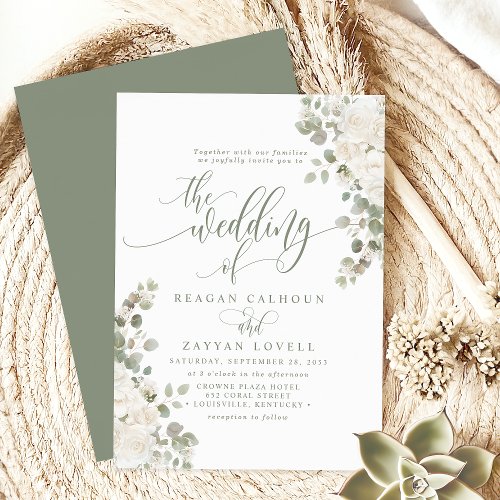 Ivory And Sage Chic Elegant Floral Wedding Invitation