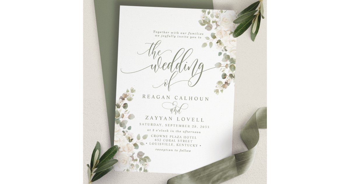 Ivory And Sage Chic Elegant Floral Wedding Invitation