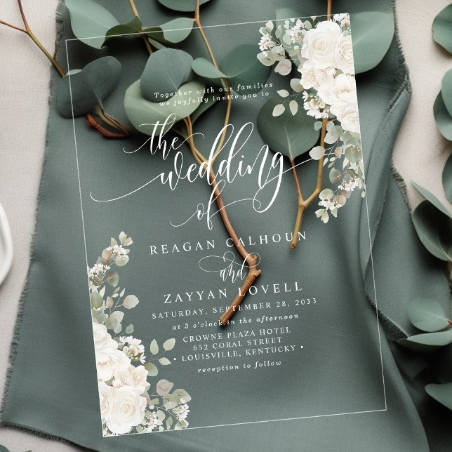 Ivory And Sage Chic Script Elegant Floral Wedding Acrylic Invitations (Creator Uploaded)
