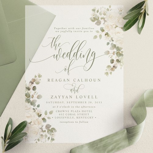 Ivory And Sage Chic Script Elegant Floral Wedding Vellum Invitations