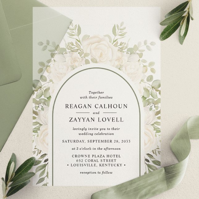 Ivory And Sage Elegant Arch Floral Wedding Vellum Invitations (Creator Uploaded)