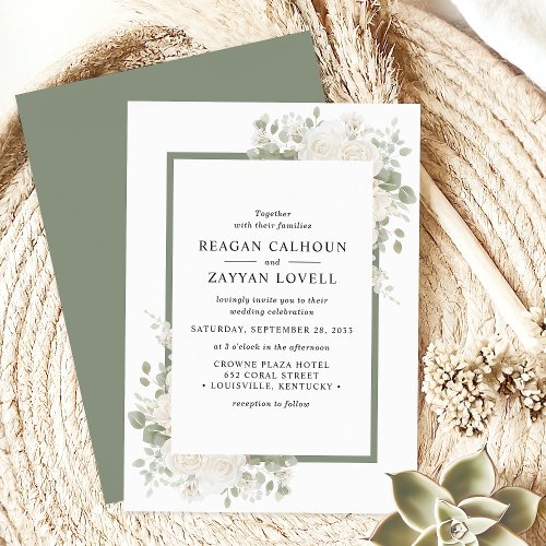 Ivory And Sage Elegant Floral Frame Wedding Invitation