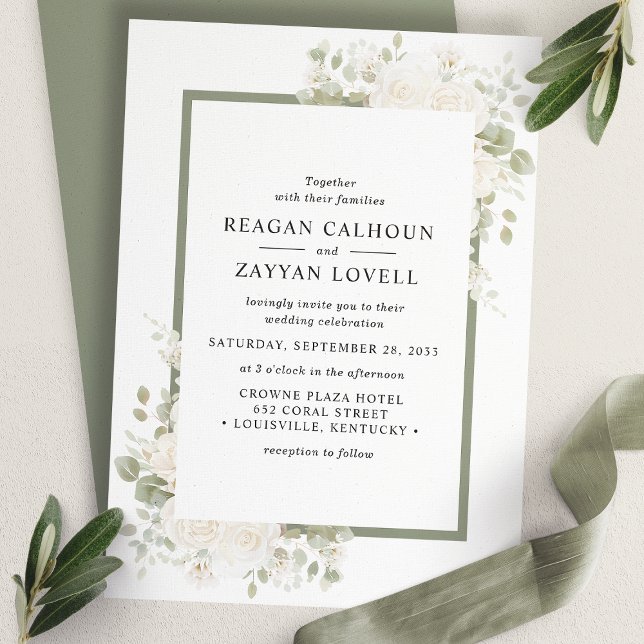 Ivory And Sage Elegant Floral Frame Wedding Invitation (Creator Uploaded)