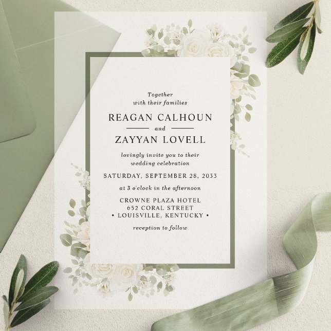 Ivory And Sage Elegant Floral Frame Wedding Vellum Invitations (Creator Uploaded)