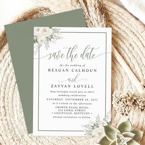 Ivory And Sage Elegant Floral Save The Date Card