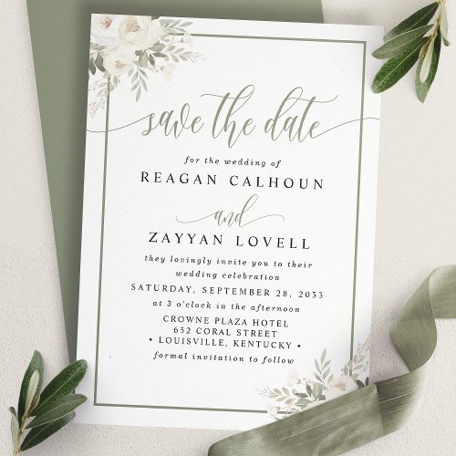 Ivory And Sage Elegant Floral Save The Date Card