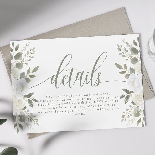 Ivory And Sage Elegant Floral Wedding Details Enclosure Card