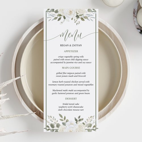 Ivory And Sage Elegant Floral Wedding Menu