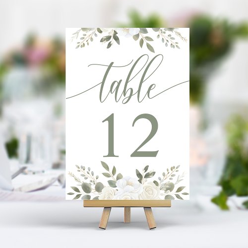 Ivory And Sage Elegant Floral Wedding Table Number