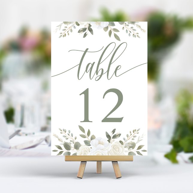 Ivory And Sage Elegant Floral Wedding Table Number (Creator Uploaded)