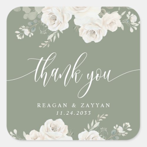 Ivory And Sage Elegant Floral Wedding Thank You Square Sticker