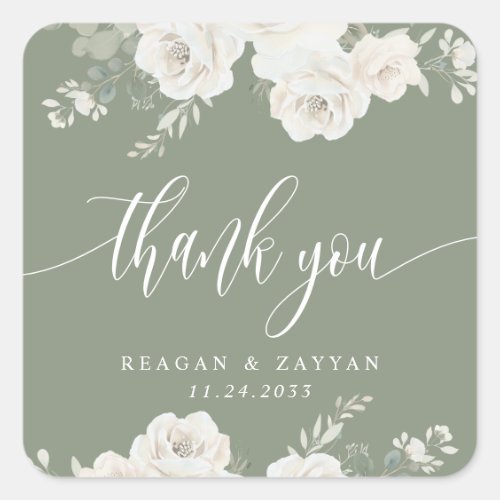 Wedding Stickers 5 Ivory And Sage Elegant Floral Wedding Thank You Square Sticker