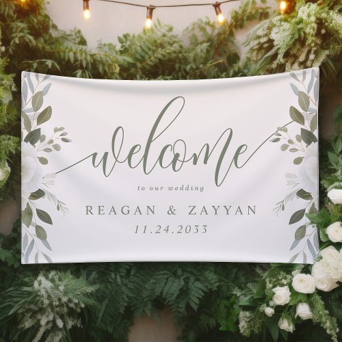 Ivory And Sage Elegant Floral Wedding Welcome Banner
