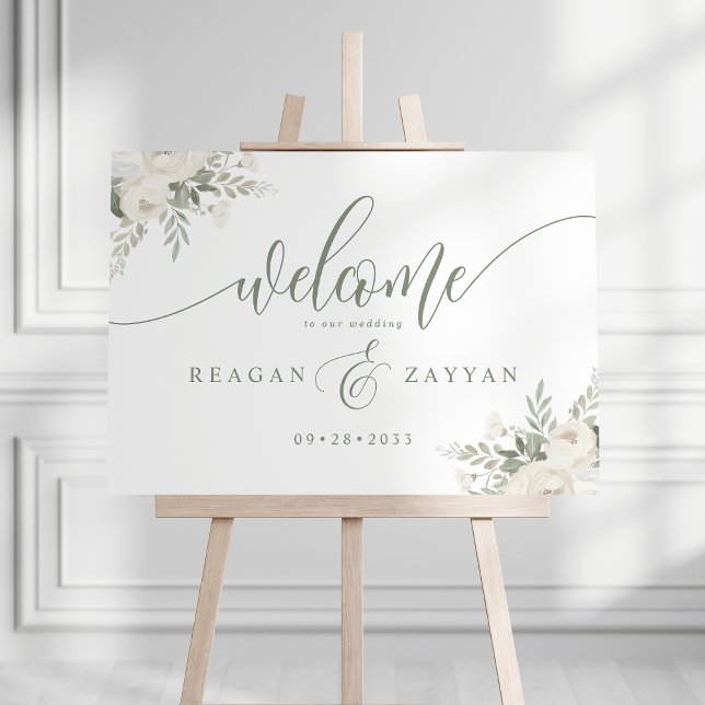 Ivory And Sage Elegant Floral Wedding Welcome Foam Board (Creator Uploaded)