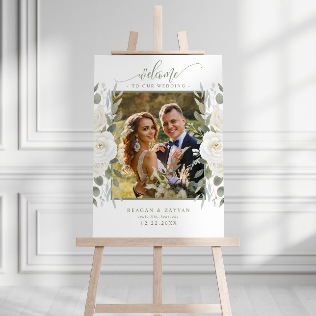 Ivory And Sage Floral Photo Wedding Welcome Foam Board (Creator Uploaded)
