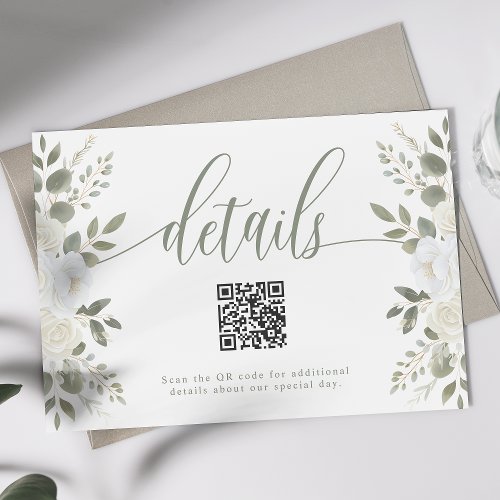 Ivory And Sage Floral QR Code Wedding Details Enclosure Card