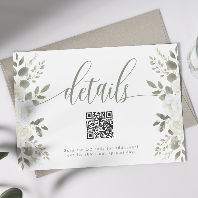 Ivory And Sage Floral QR Code Wedding Details Enclosure Card (Creator Uploaded)