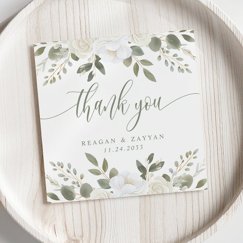 Ivory And Sage Floral Wedding Thank You Card