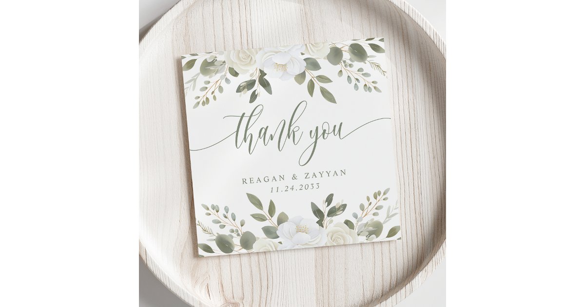 Ivory And Sage Floral Wedding Thank You Card | Zazzle